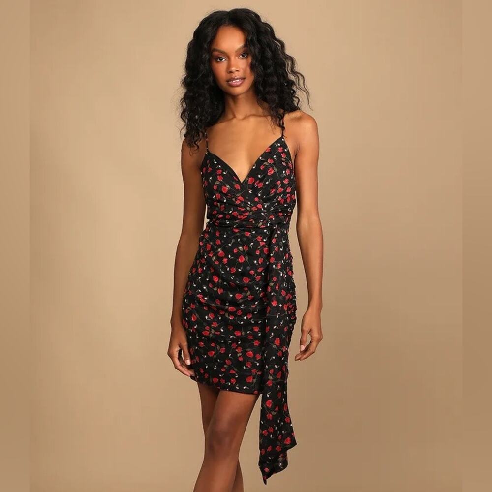 Lulus Got the Passion Black Floral Jacquard Lace-Up Ruched Mini Dress